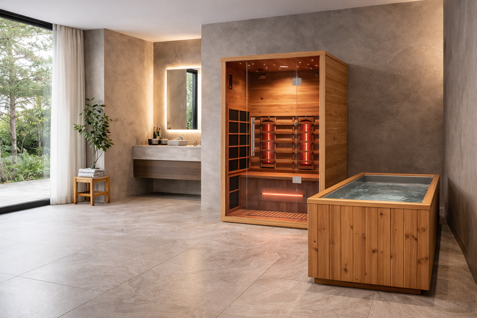 Luxury Scandinavian-style bathroom with indoor infrared sauna and wooden cold plunge tub placed side by side, creating a premium home wellness and recovery space with natural light and modern design.