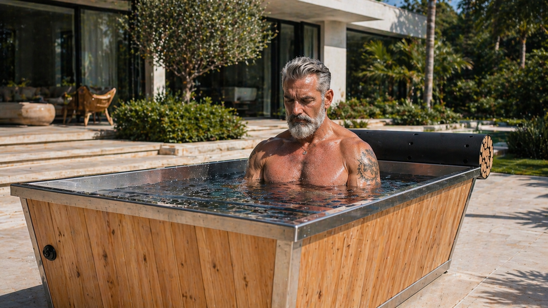 Luxury outdoor cold plunge tub with fit man in his 60s practicing cold therapy in modern home garden, ice bath for recovery, longevity, and biohacking wellness