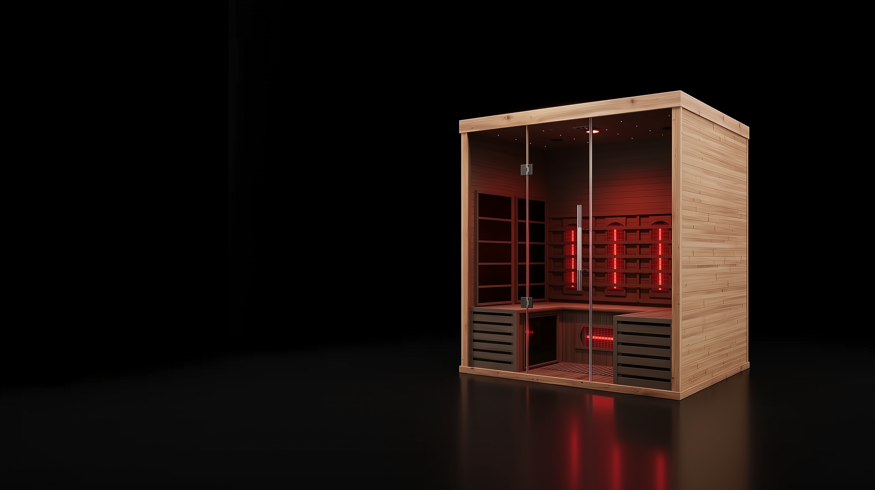 Indoor 2 person infrared sauna with modern wood design and glass front for home use and daily recovery