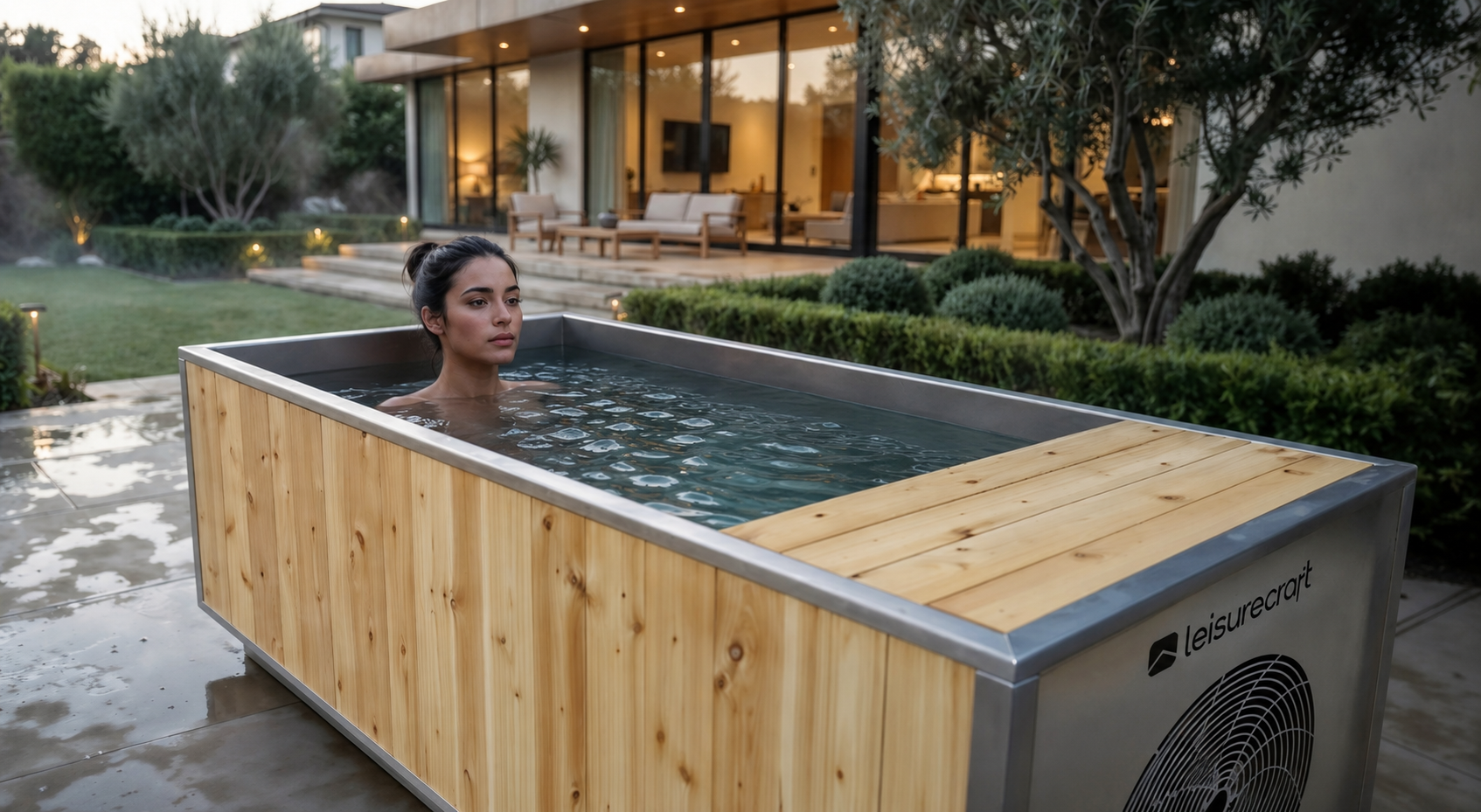 Outdoor cold plunge tub with wood paneling for home recovery in a modern backyard setting with person using it