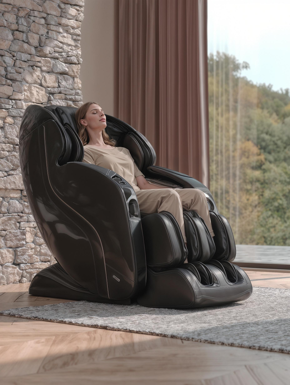 Woman relaxing in a massage chair in a home setting with stone wall and window view.