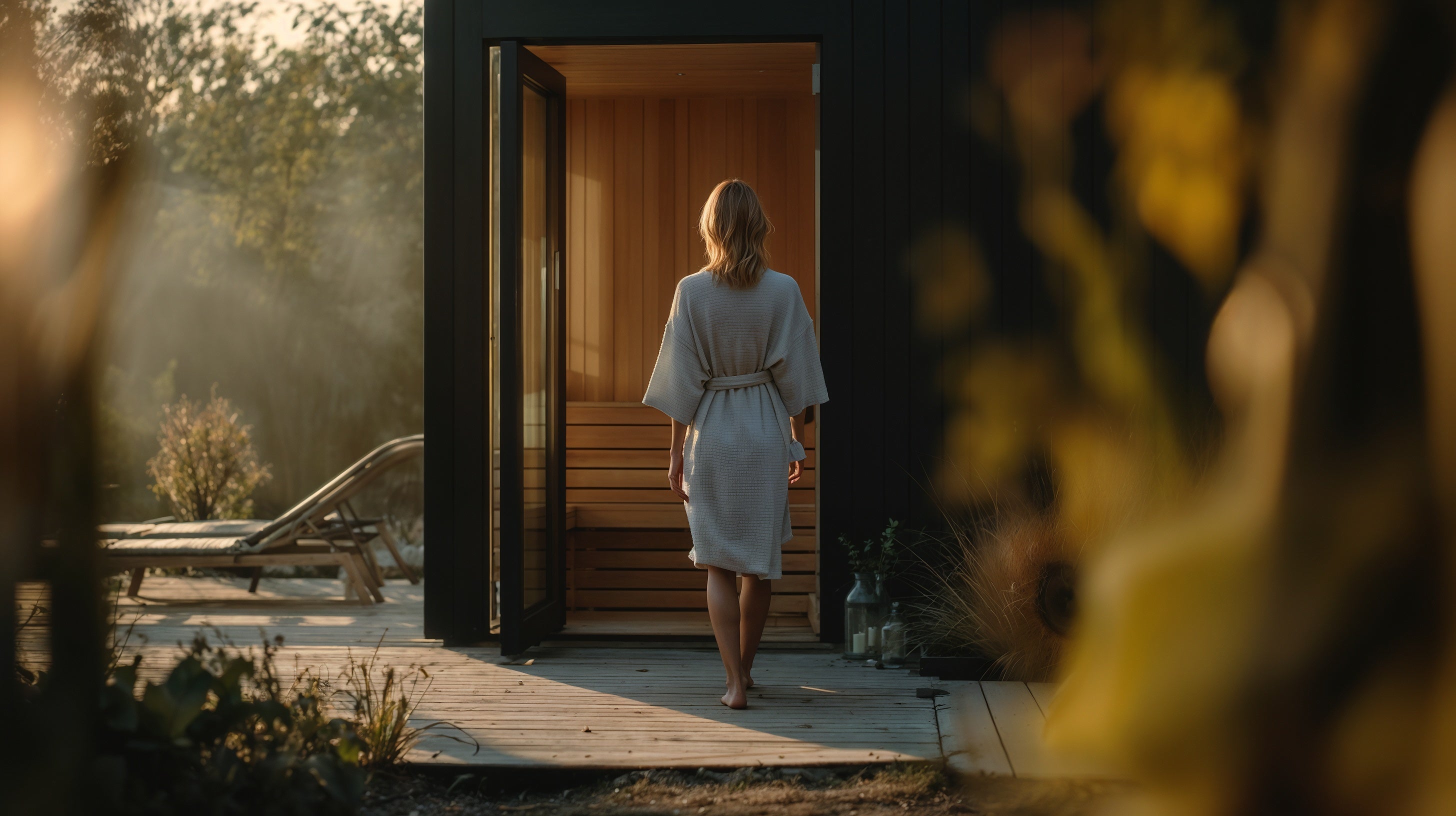 Woman in a white dress walking towards a wooden cabin in a natural setting