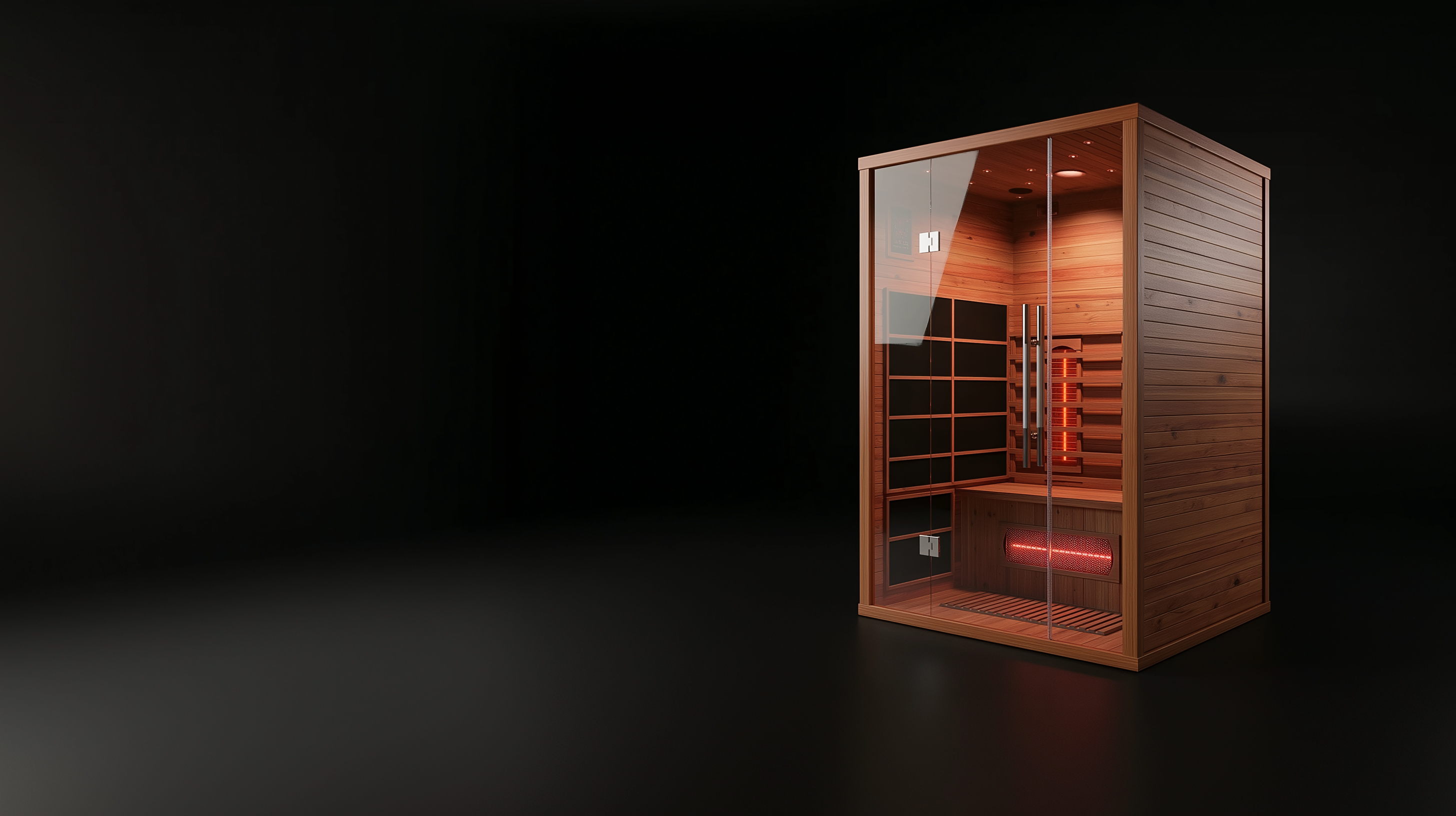 Indoor infrared sauna for home use with glass front and wood design placed in a modern luxury bathroom