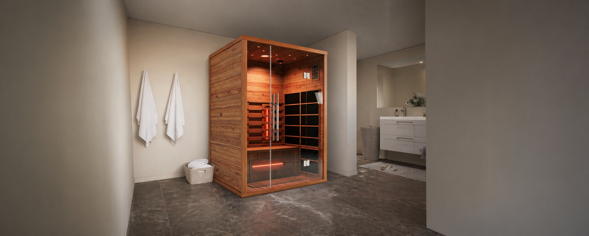 Modern indoor infrared sauna installed in bathroom, home wellness heat therapy setup for relaxation, recovery, and biohacking