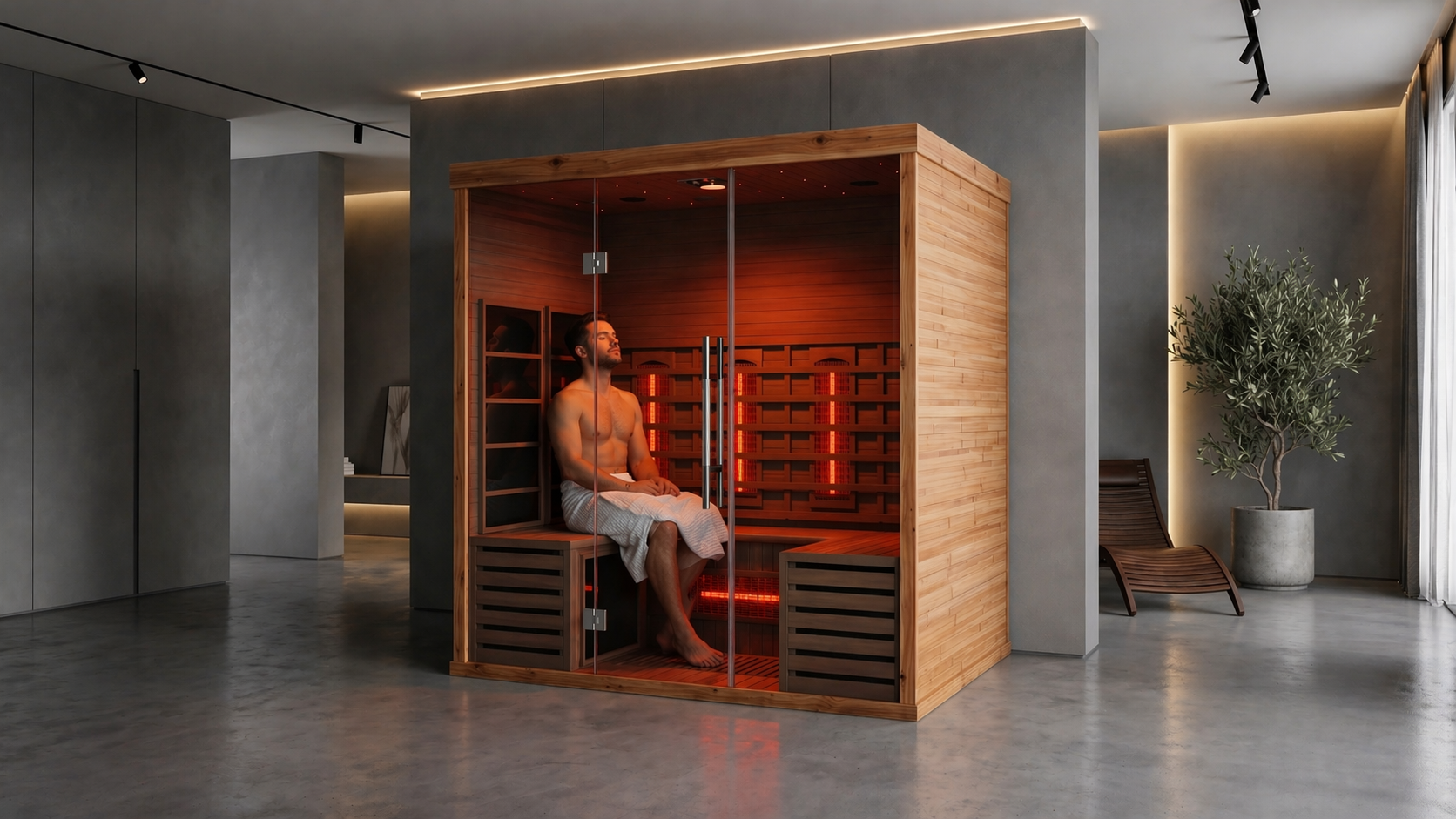  Modern indoor infrared sauna with glass door in a luxury home, person enjoying heat therapy for recovery, relaxation, and wellness