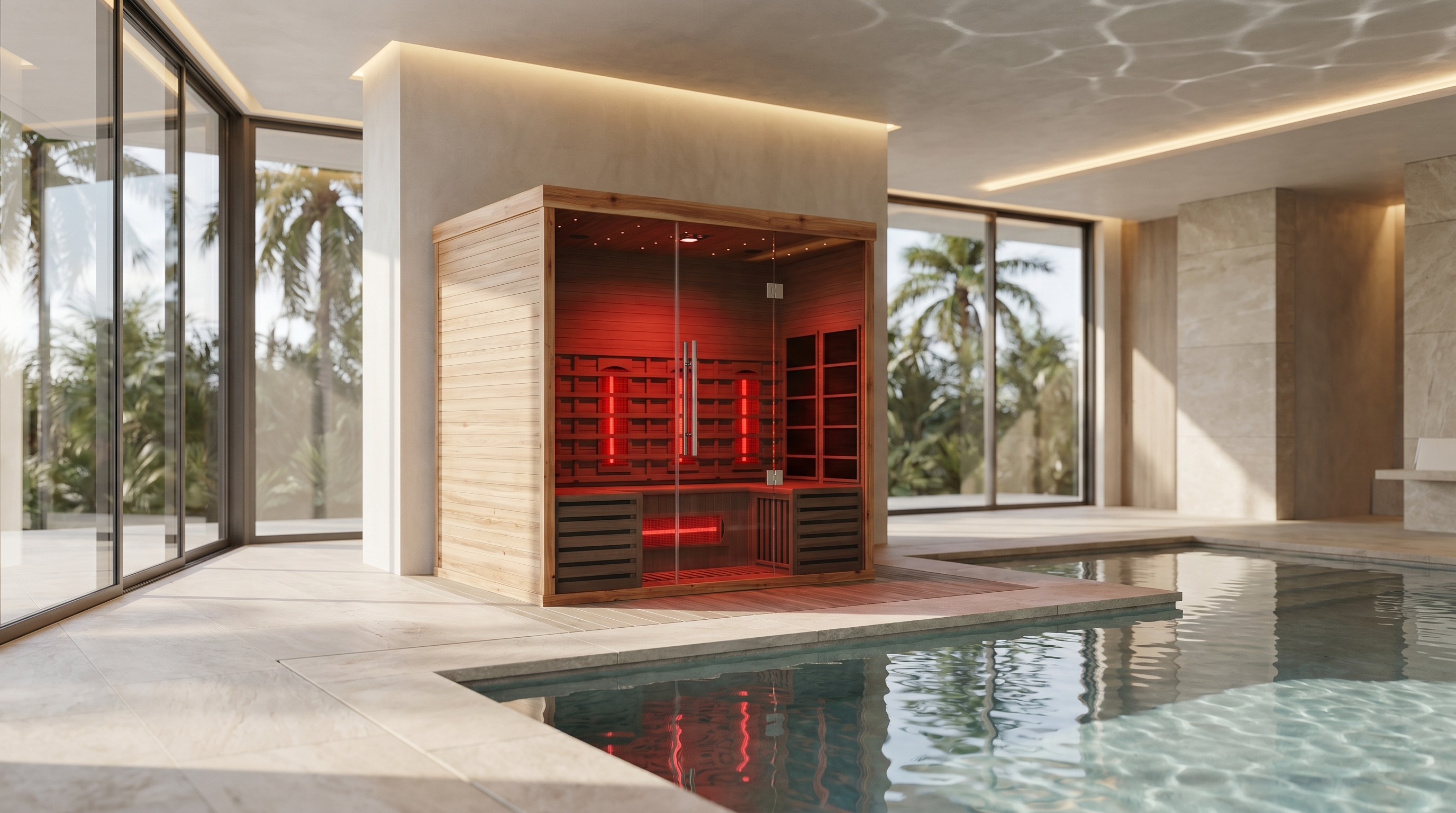 Modern indoor infrared sauna with glass door by pool in luxury home, heat therapy wellness setup for relaxation, recovery, and biohacking
