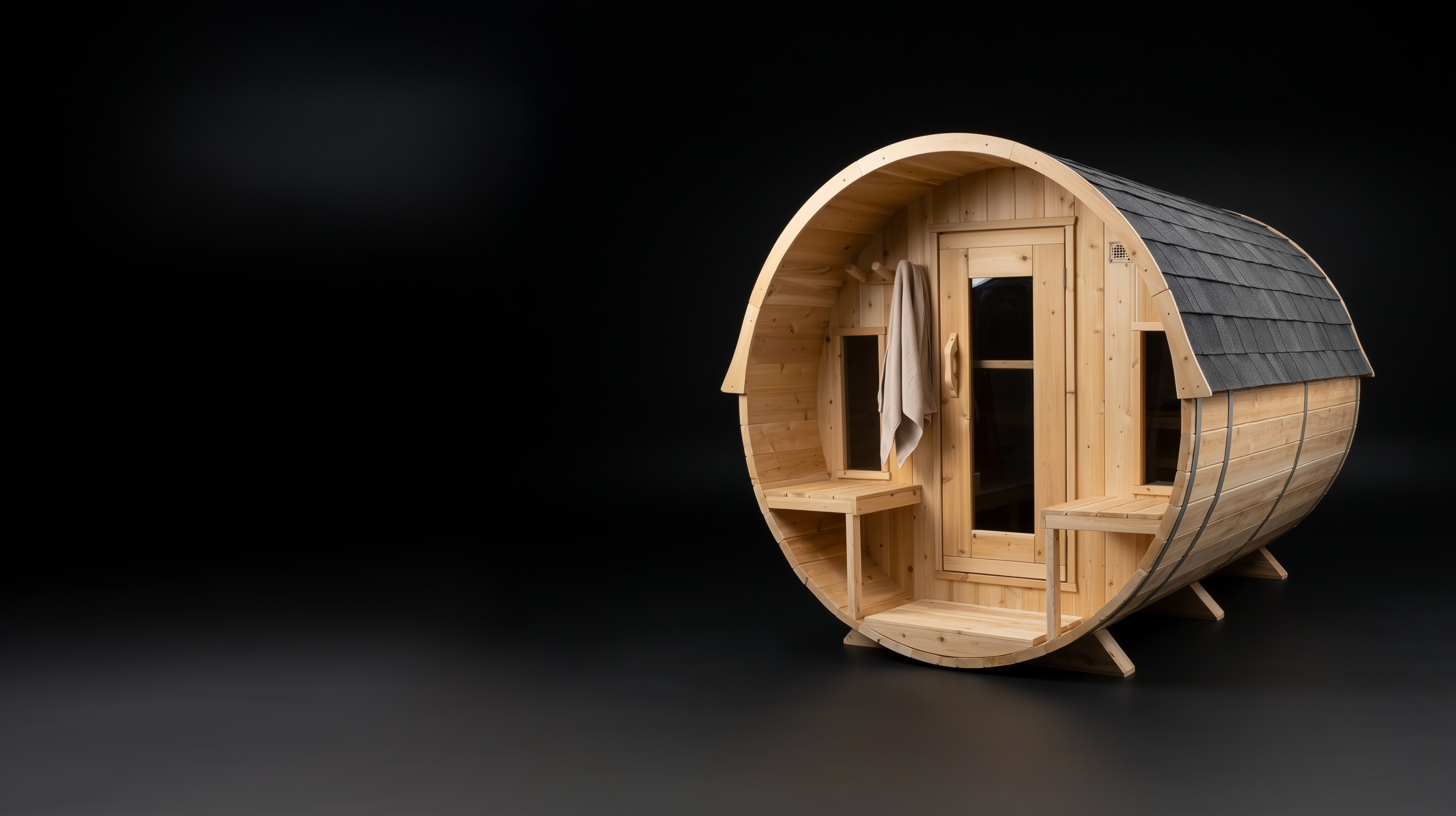 Outdoor barrel sauna for home use with natural wood design and modern build