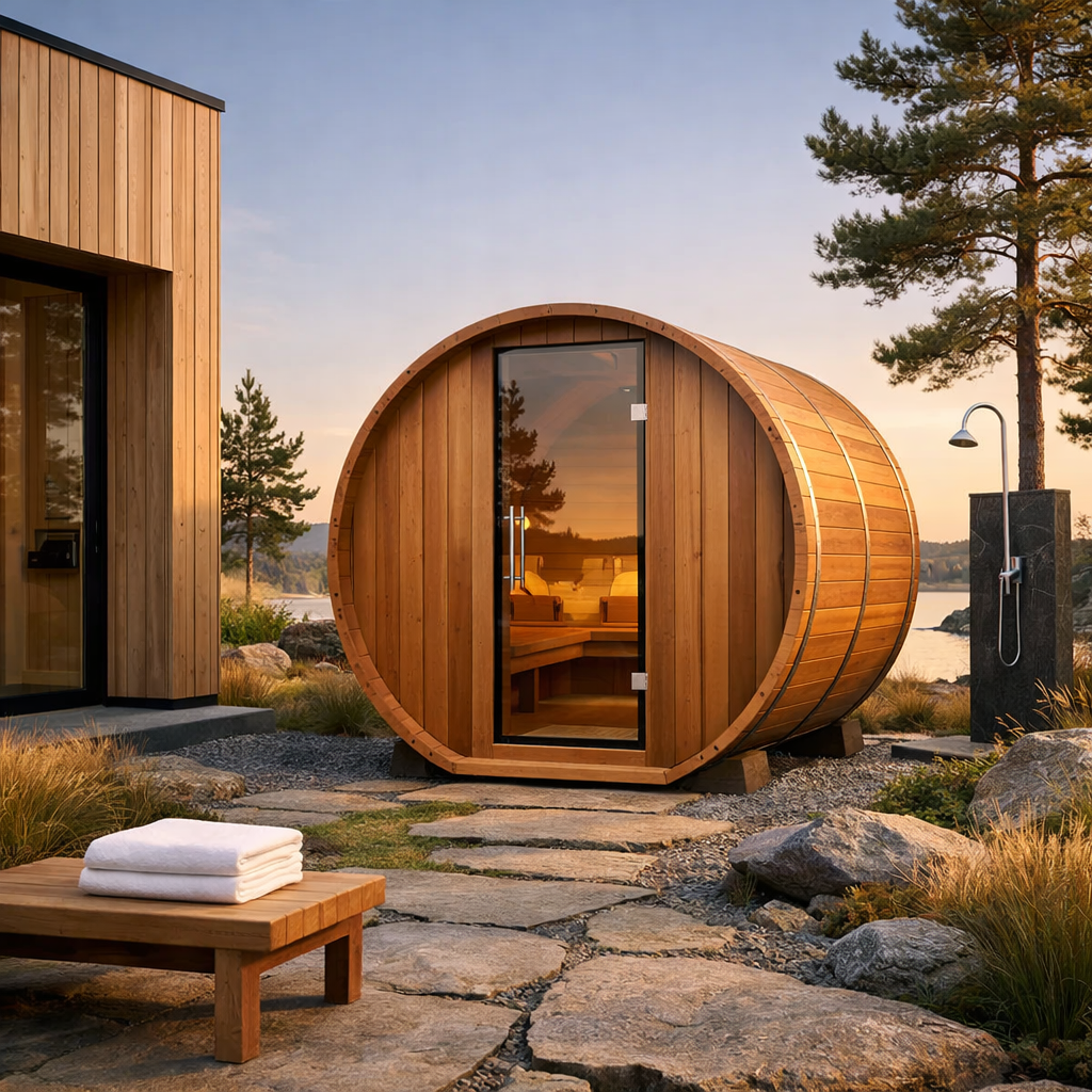 Outdoor barrel sauna for home use with natural wood design and lake view