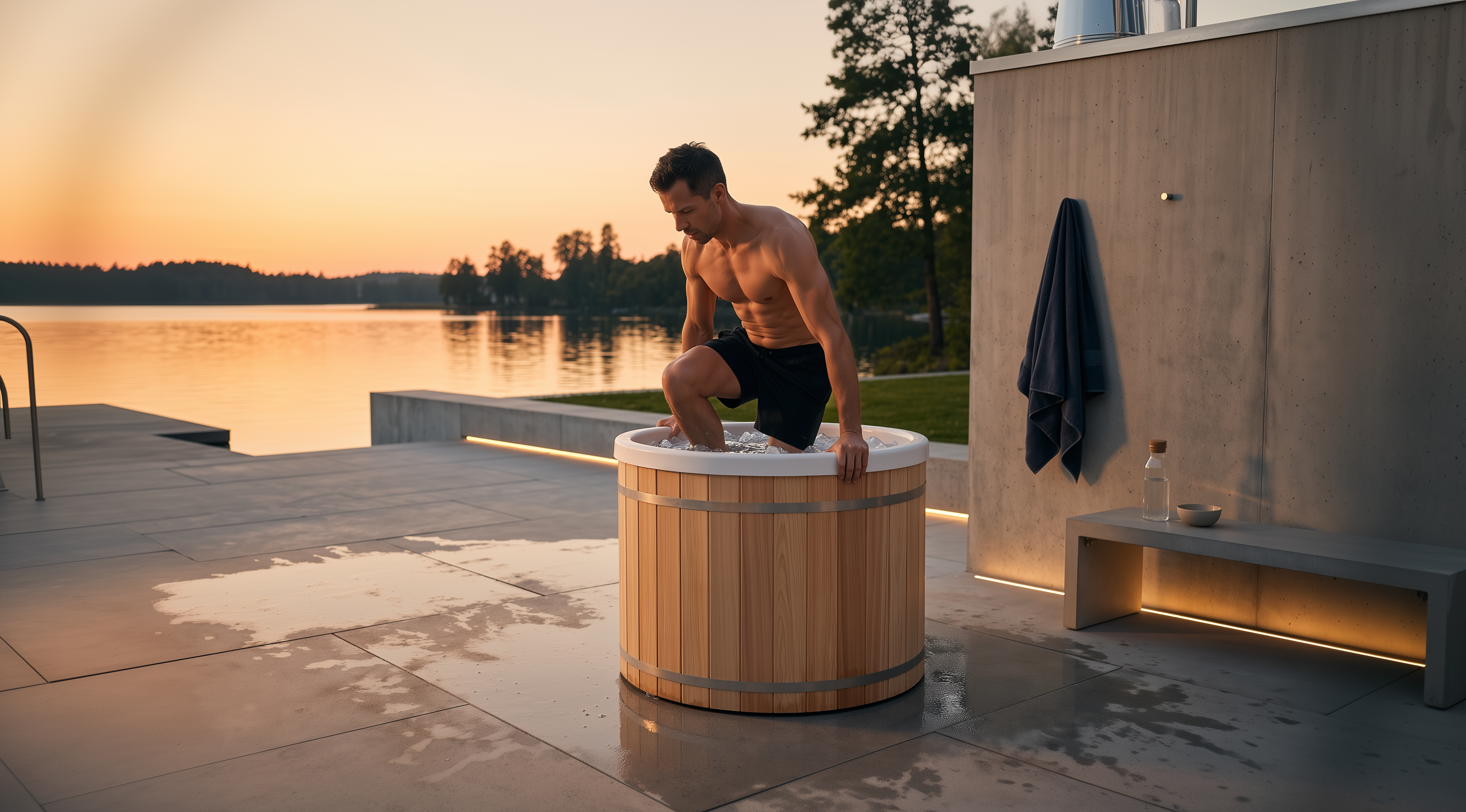 Outdoor cold plunge tub ice bath in modern home by lake, person using cold therapy for recovery, performance, and wellness