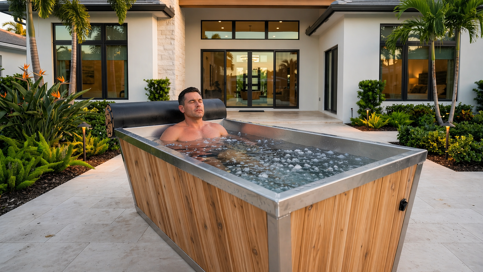 Luxury outdoor cold plunge tub ice bath in modern home backyard, person using cold therapy for recovery, performance, and wellness
