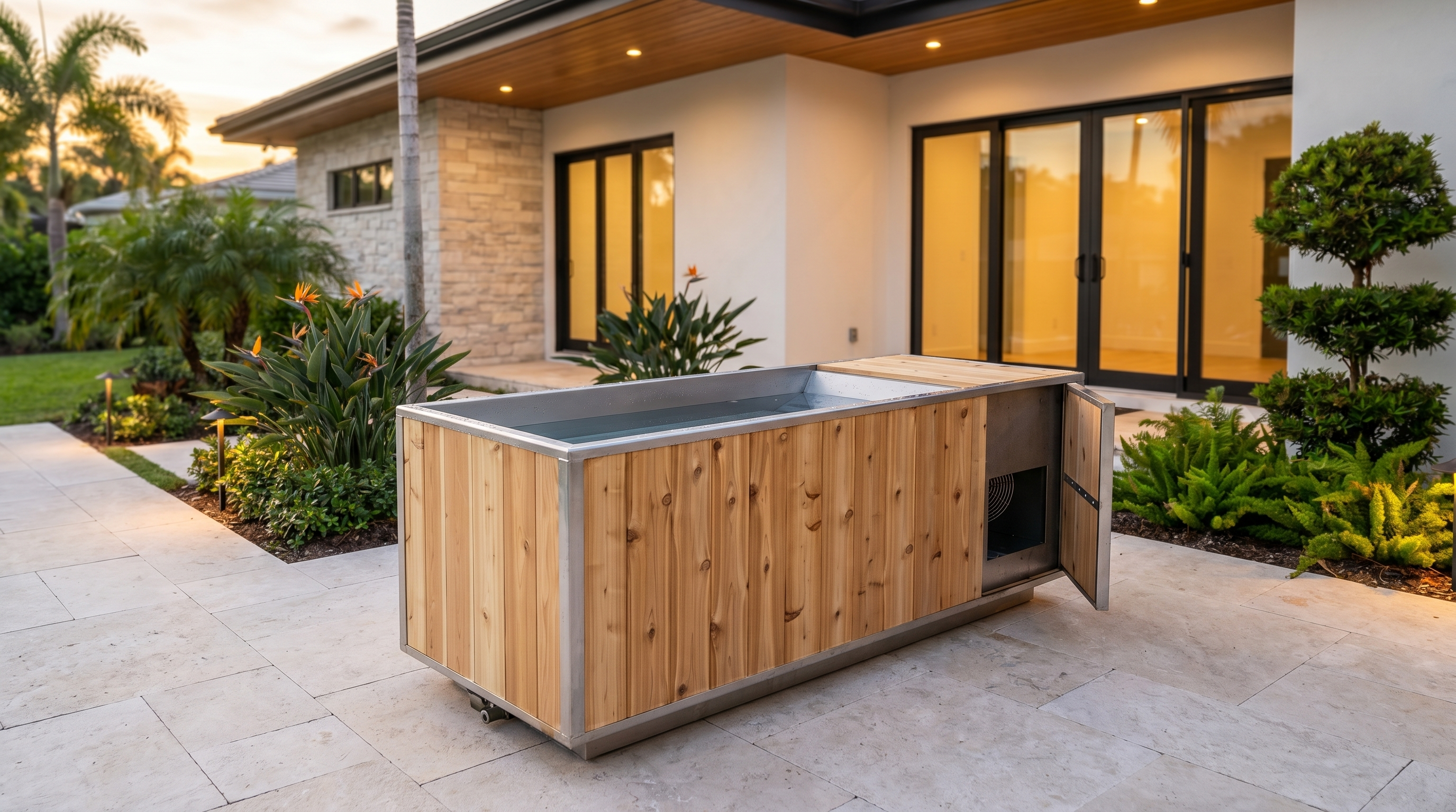 Cold plunge tub for home use with wood finish in a modern outdoor courtyard wellness space