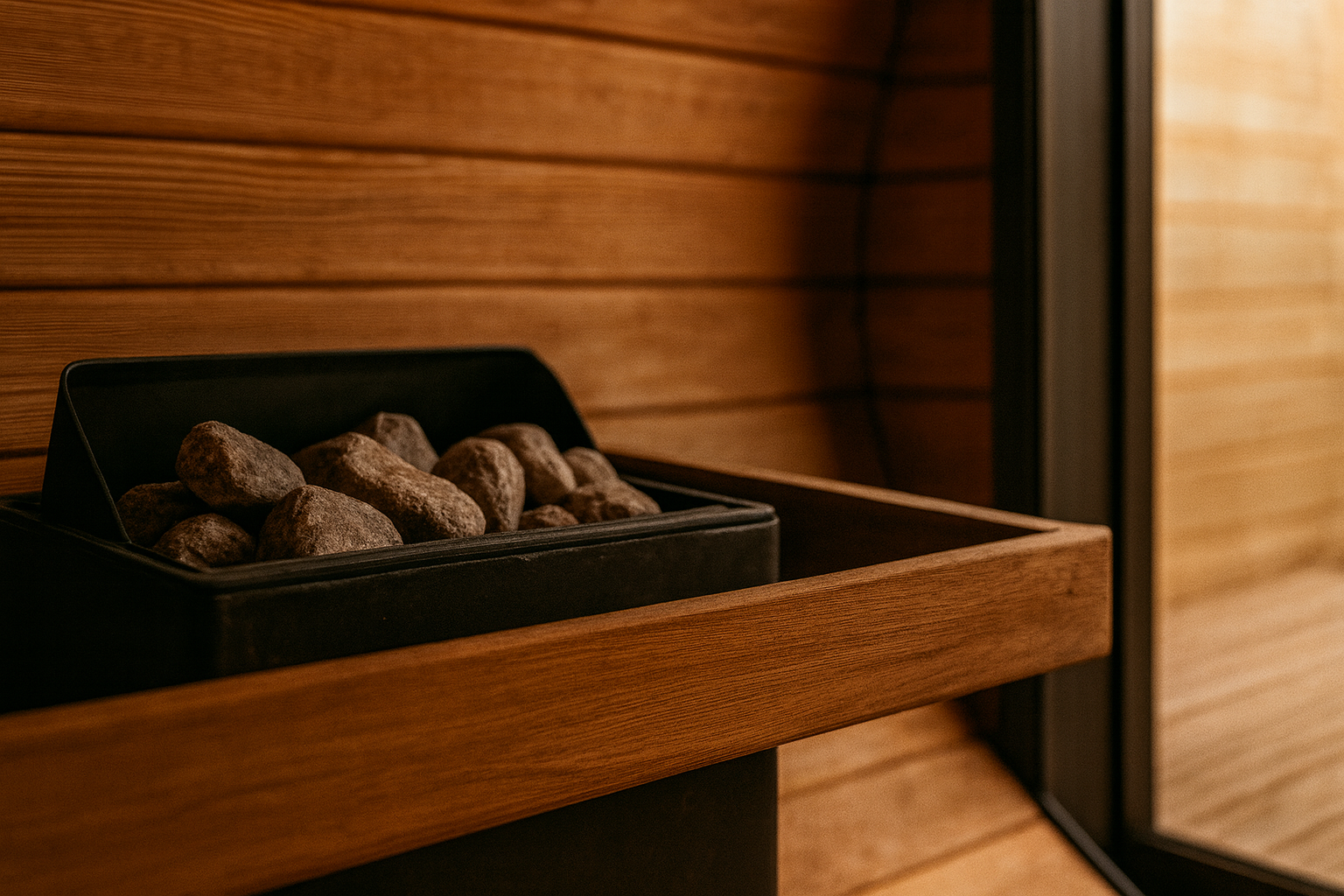 Wooden sauna with rocks in a container
